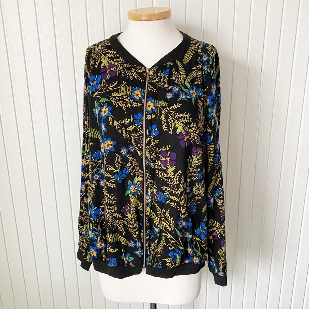 Ulla Popken Blue Yellow Green Black Floral Lightweight Jacket Size 12/14